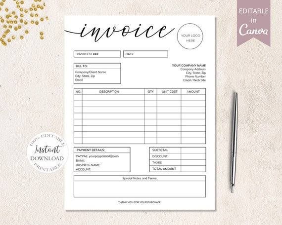 invoice template printable invoice custom order forms etsy