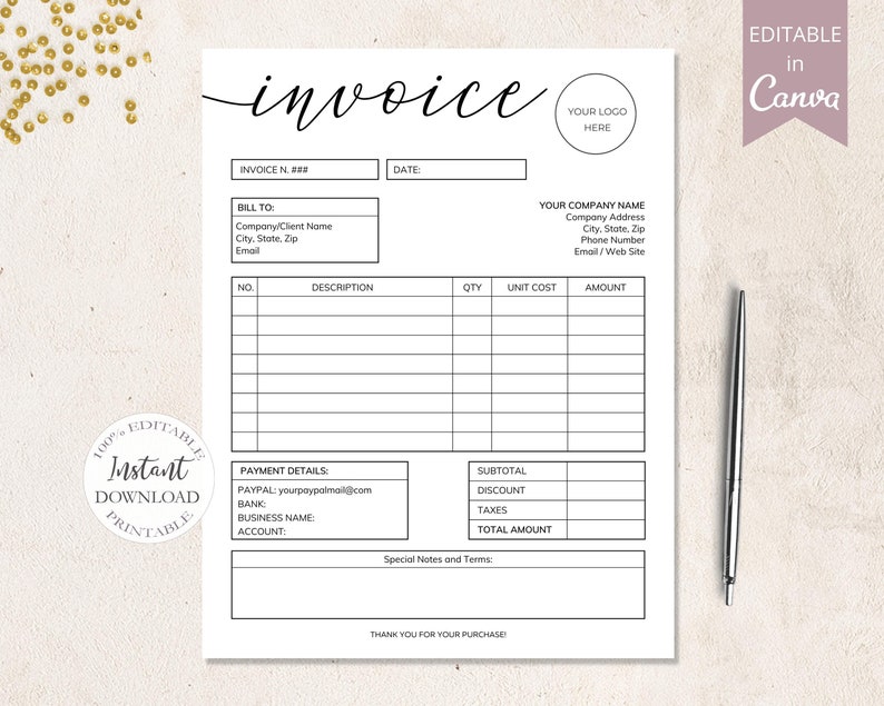 Invoice Template | Printable Invoice | Custom Order Forms | Photography Invoice Canva Template | Editable Billing Form | Order Form. DTP-001 