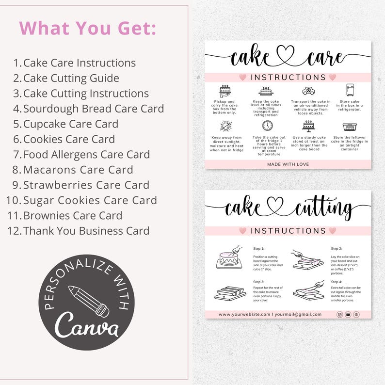 Bakery Care Card Bundle, Cake Cookie Instructions, Editable Canva ...