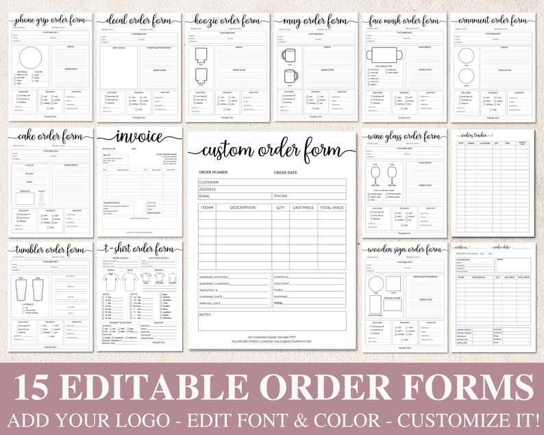 15 Editable Order Forms Bundle, Invoice Tumbler Tshirt Custom Order Form, Printable Small Business Forms, Canva Editable Template. DTP-004 