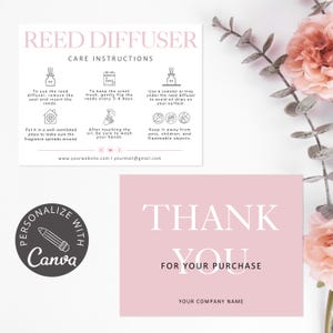 May include: Pink and white card with the text "Reed Diffuser Care Instructions" and instructions on how to use a reed diffuser. The card also has the text "Thank You for Your Purchase" and "Your Company Name".