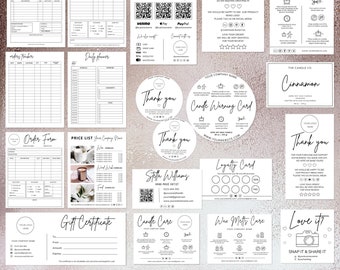 May include: A collection of over 40 candle business forms, including invoices, order forms, price lists, and thank you cards. The forms are in black and white, with various designs and layouts for candle businesses.