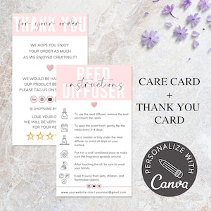 Canva-sjabloon met rietverspreider I bewerkbare onderhoudsinstructies luchtverfrisser, onderhoudsinstructies voor kleine bedrijven, bedankkaarten bewerkbare sjabloon