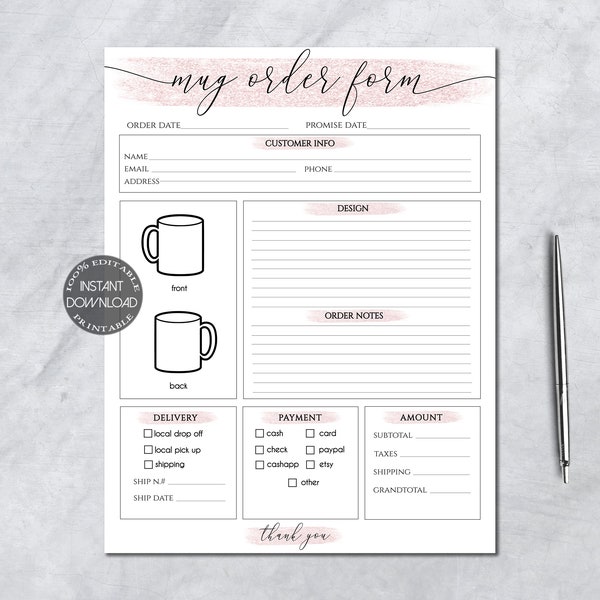 Mug Order Form Template, Coffee Cup Printable Order Form, Editable Small Business Forms, Crafters Order Form, Instant Download. Dtp-004