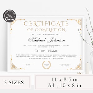 Może przedstawiać: Drukowany szablon certyfikatu ukończenia z złotą ramką i ozdobnym wzorem. Tekst brzmi: "Certyfikat ukończenia" i "Z dumą potwierdzamy, że Michael Johnson spełnił wszystkie niezbędne wymagania do ukończenia kursu Nazwa kursu. Jego zaangażowanie w naukę i rozwój osobisty było wzorowe, a my chwalimy go za jego wysiłki. Niniejszy certyfikat jest dowodem jego osiągnięcia."