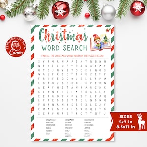 Christmas Word Search Game | Fun Christmas Day I Holiday Word Puzzle | Editable Canva Template Parties, Teens e Adults | Christmas Printable
