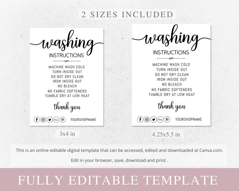 Washing Instructions Care Card, Canva Editable Template, Printable Clothing Packaging Insert, Small Business image 3