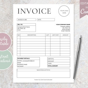 May include: A black and white printable invoice template with the word "INVOICE" in bold at the top. The template includes sections for billing information, itemized list, payment details, and totals. The template is editable in Canva.