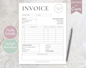 Invoice Template, Canva Editable Order Form, Printable Invoice Receipt, Bill Template, Business Printables, Instant Download. DTP-001