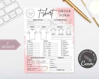 May include: A pink and white order form for t-shirts with a watercolor background. The form includes sections for customer details, order details, payment and delivery, and amount. It also includes a section for details about the t-shirt, including size, color, and style. The form is designed to be used by a business that sells t-shirts.
