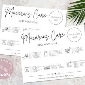 Macarons Care Card Template, Canva Editable Wedding Macarons Care Cards, Printable Care Guide, Cake Instructions, Instant Download. DTP-031