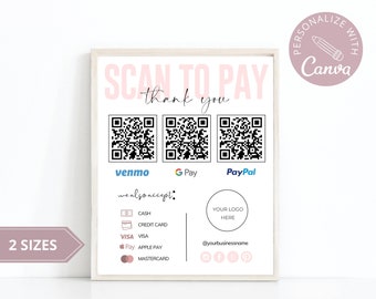 Scan to Pay Sign | Editable QR Code Sign for Venmo, PayPal, Google Pay | Canva Template, Digital Download, Payment Sign, Small Business