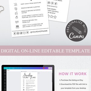 canva template, jewelry care card, jewelry packaging, care instructions
