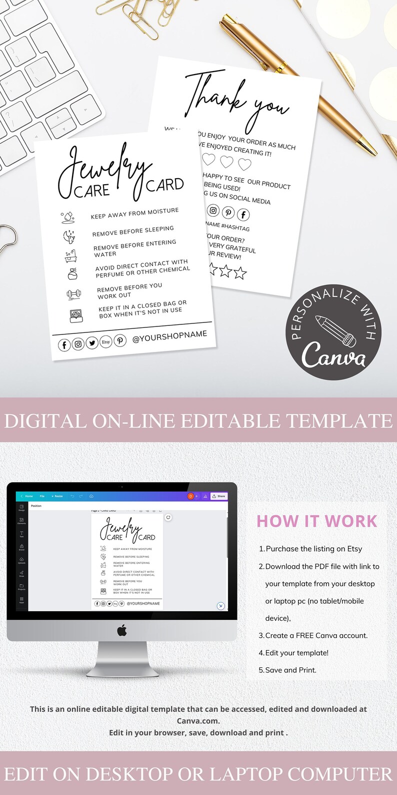 canva template, jewelry care card, jewelry packaging, care instructions