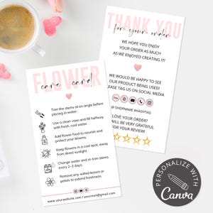Flower Care Instructions Card | Canva Template for Florist Thank You & Delivery Inserts, Editable Care Card for Fresh Cut Flowers and Plants