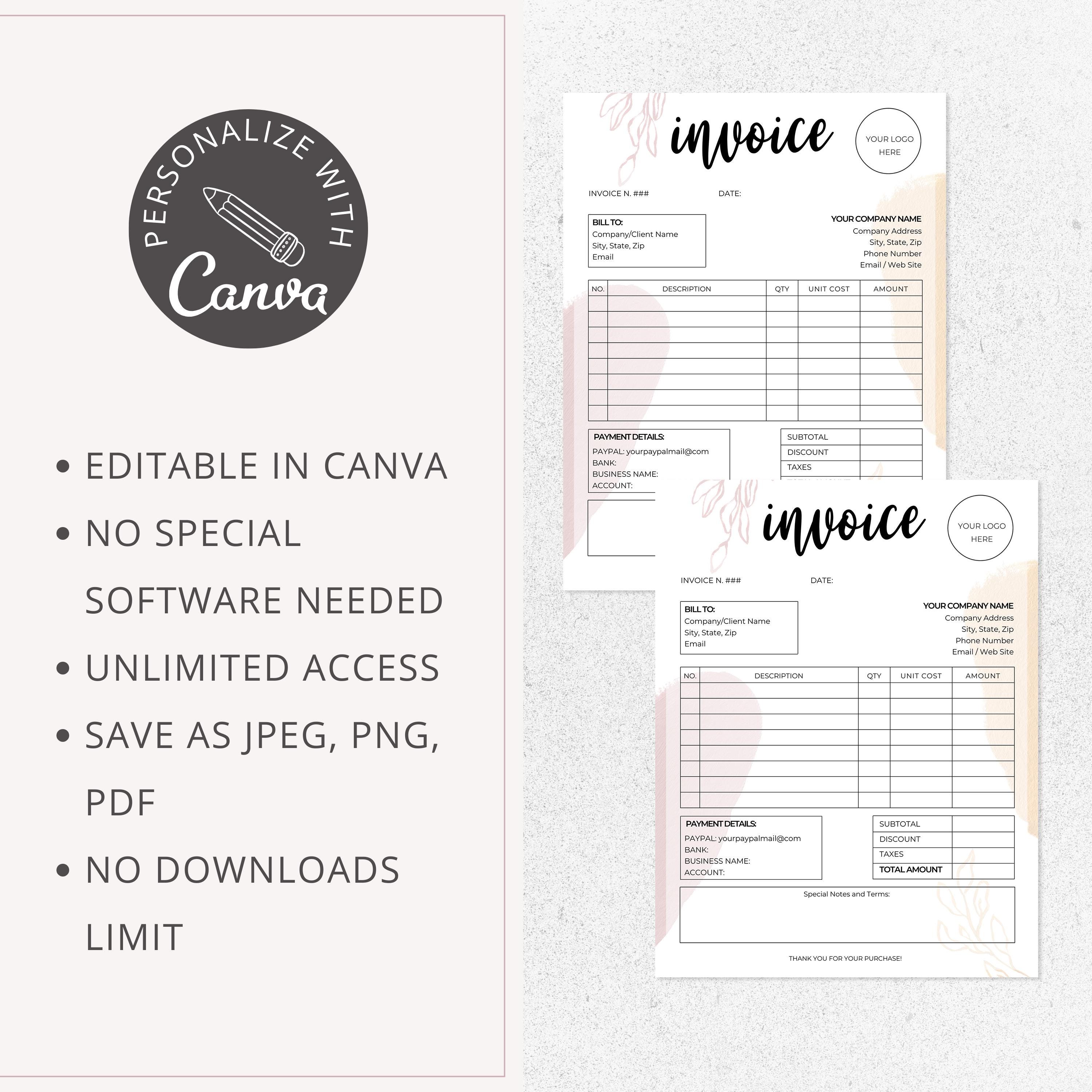 Editable Invoice Template for Canva | Custom Invoice for Small Business ...