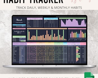 Dark Habit Tracker Google Spreadsheets | Spreadsheet doelenplanner, dagelijkse routinetracker, productiviteitsspreadsheet, digitale maandelijkse gewoontetracker