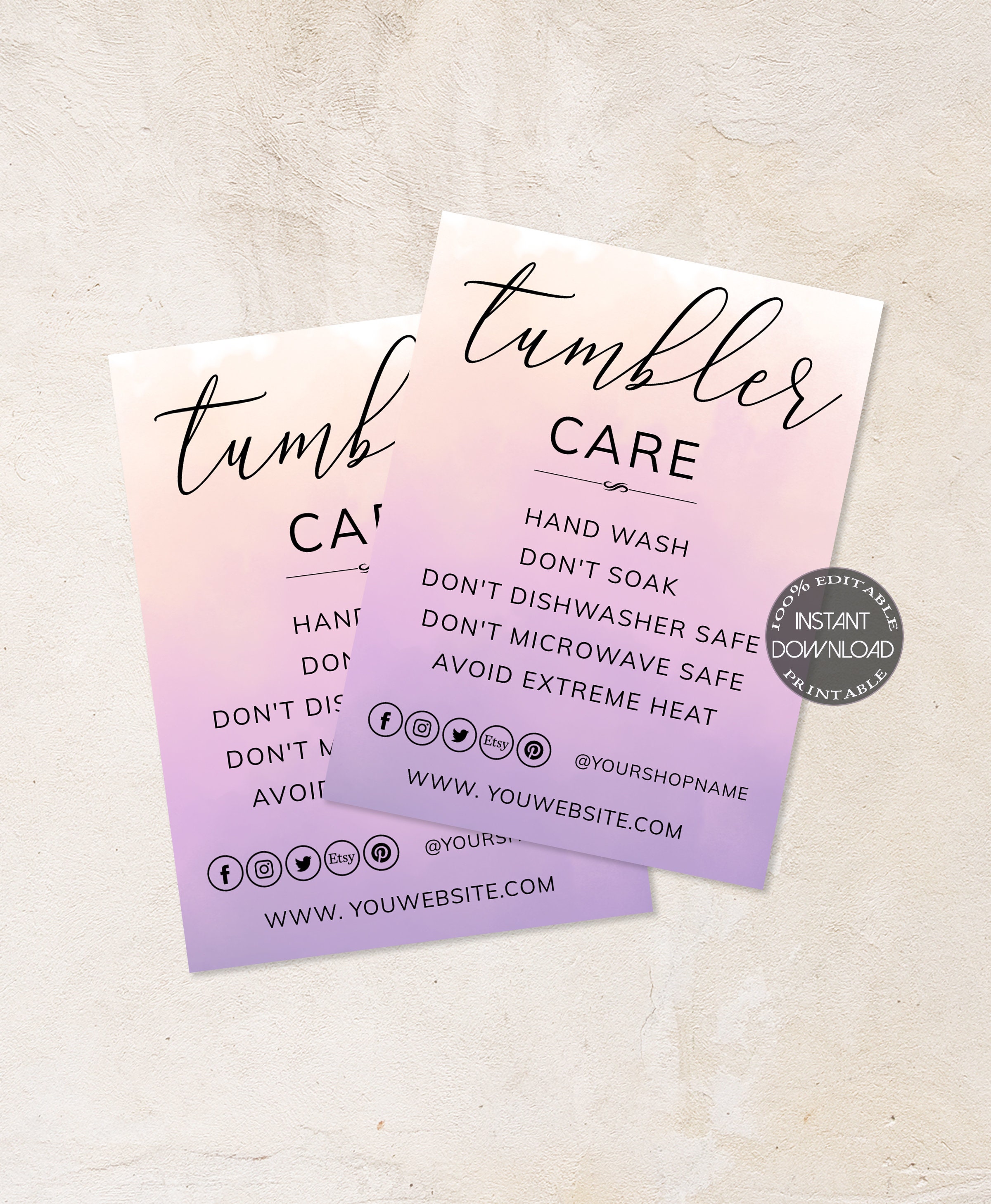 Printable Tumbler Packaging Insert Card Dtp-006 TUMBLER CARE CARD ...