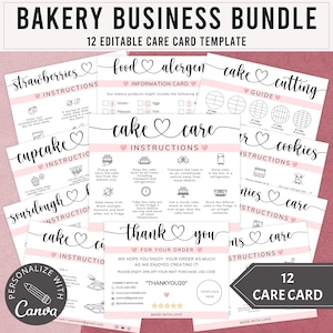 12 Bakery Care Card Bundle I Bearbeitbare Canva-Vorlage mit Kuchenpflegekarte, Cookie-Care-Karte, Cupcake-Care-Karte, Allergiekarte, Dankeskarte