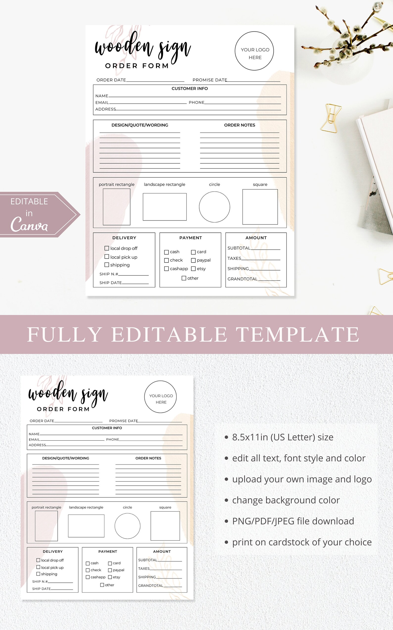 Wooden Sign Order Form, Editable Canva Template, Printable Craft Sign ...