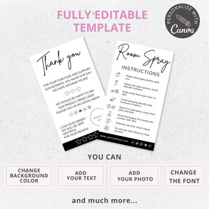 room spray diffuser, care card, canva template, care instructions