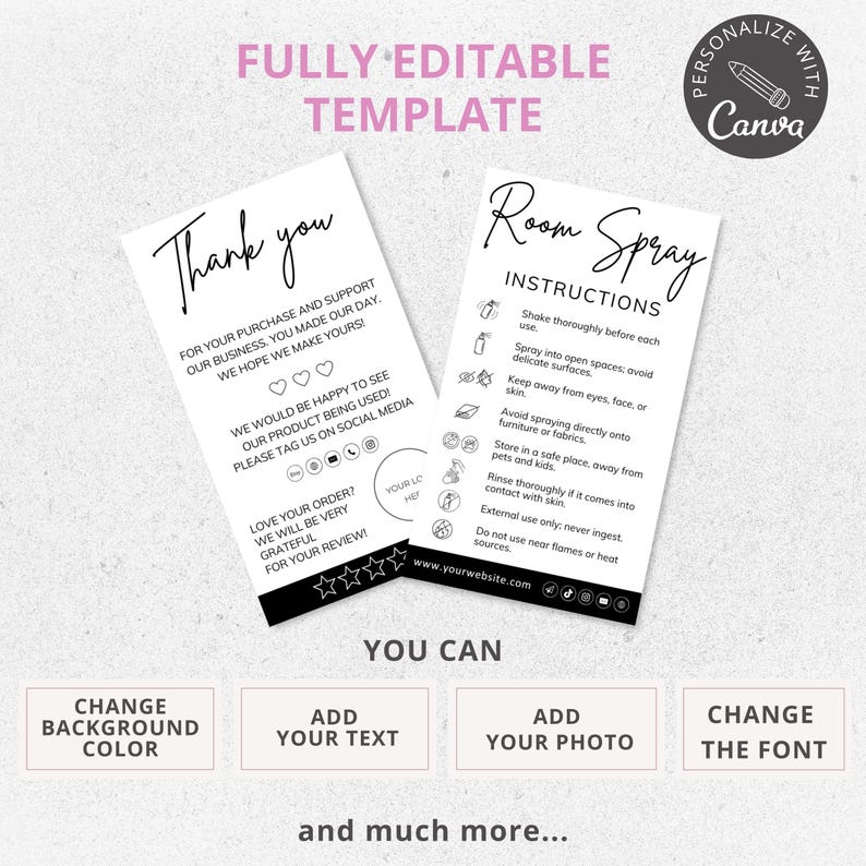 room spray diffuser, care card, canva template, care instructions