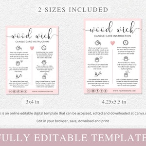 May include: Two pink and white printable candle care instruction cards with a wood wick candle theme. The cards are 3x4 inches and 4.25x5.5 inches. The cards include instructions on how to light, trim, and burn wood wick candles. The cards also include social media icons and a website address.