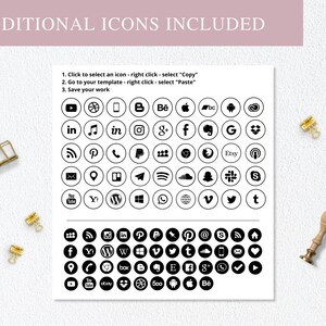 May include: A sheet of black and white social media icons in a circle shape. The icons include Facebook, Instagram, Twitter, Pinterest, YouTube, Etsy, and more. The sheet is printed on white paper with instructions on how to copy and paste the icons.