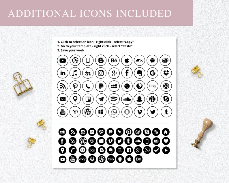 May include: A sheet of black and white social media icons in a circle shape. The icons include Facebook, Instagram, Twitter, Pinterest, YouTube, Etsy, and more. The sheet is printed on white paper with instructions on how to copy and paste the icons.