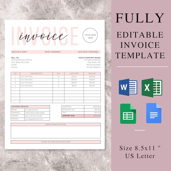 Editable Invoice Template For Google Docs, MC Word Invoice Template For Small Business, Excel Invoice Template, Small Business Bookkeeping
