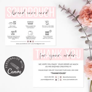 May include: Pink and white thank you card with black text that says "Thank you for your order". The card includes instructions for storing and reheating sourdough bread. The card also includes a logo for Canva and a discount code for 20% off the next purchase.