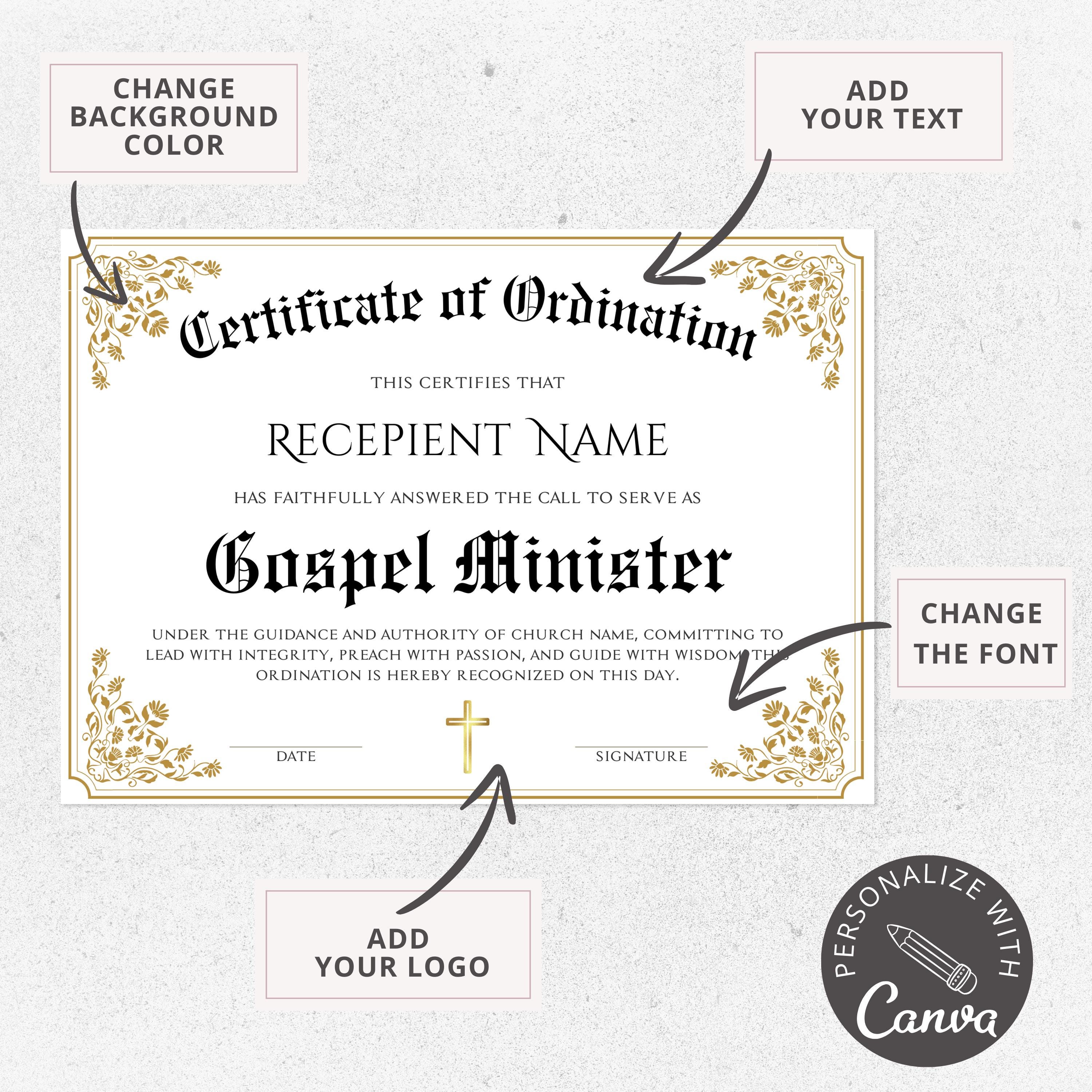 Editable Ordination Application Form Certificate of Ordination Template, Editable Canva Template, Gospel ...
