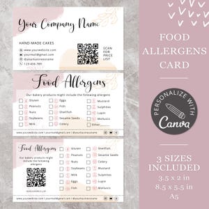 Food Allergens Care Instructions I Editable Canva Template, Printable Bakery Allergy Warning, Cake Care Warning Cards, Food Allergy Card