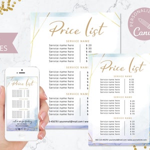 Modelo de lista de preços, lista de preços de cabelo DIY editável do Canva, lista de preços de beleza, guia de preços de negócios, folha de preços de padaria rosa. DTP-003