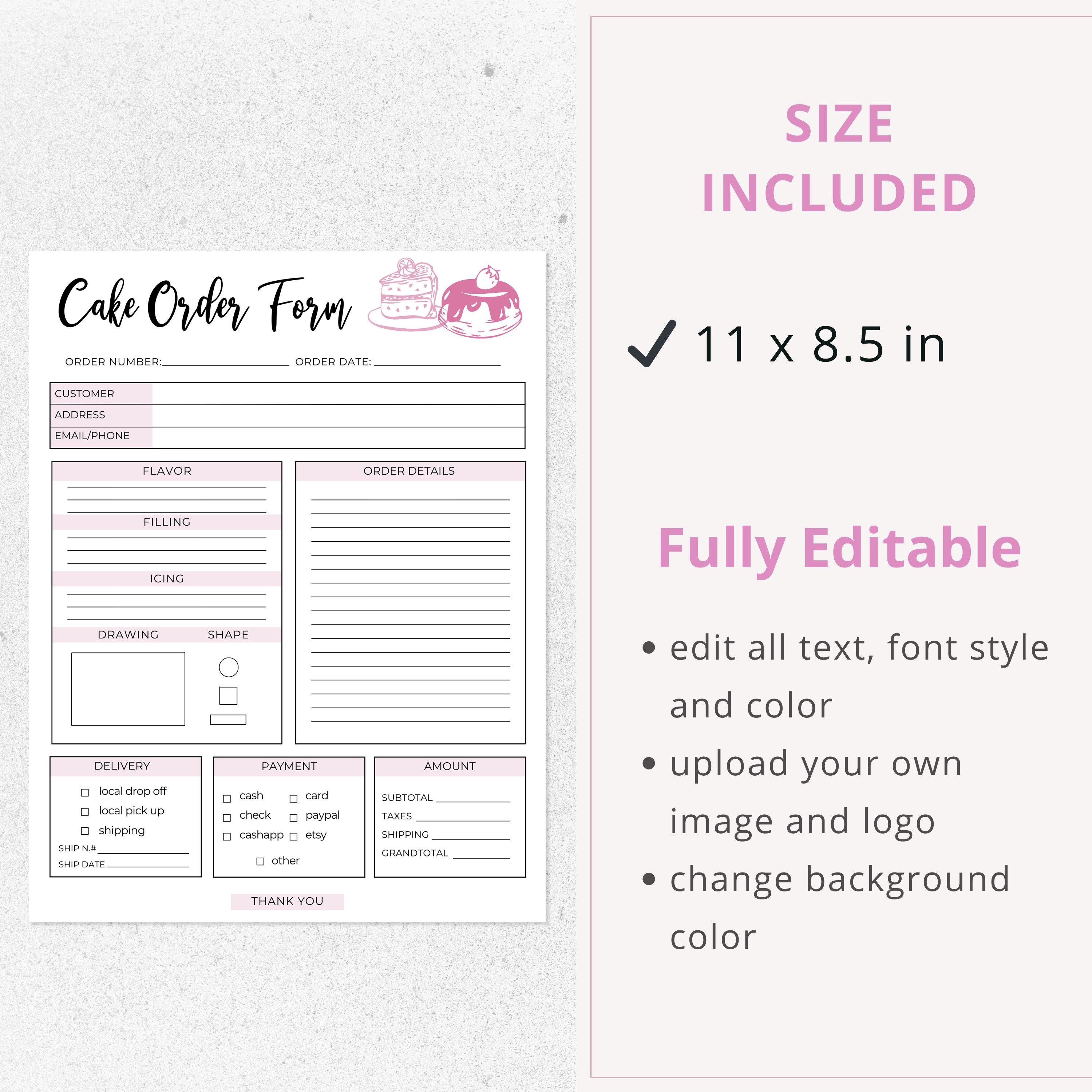 Cake Order Form I Canva Template Editable | Order Forms Template ...