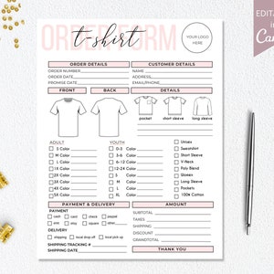 T-Shirt Order Form Template | Editable Small Business T Shirt Order Forms | Shirt Order Form Printable | Business Canva Template. DTP-004