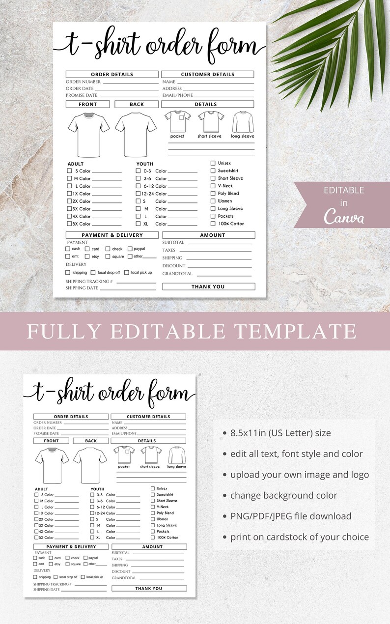 Tshirt Order Form I Canva Editable Template | Craft Business Order Form ...