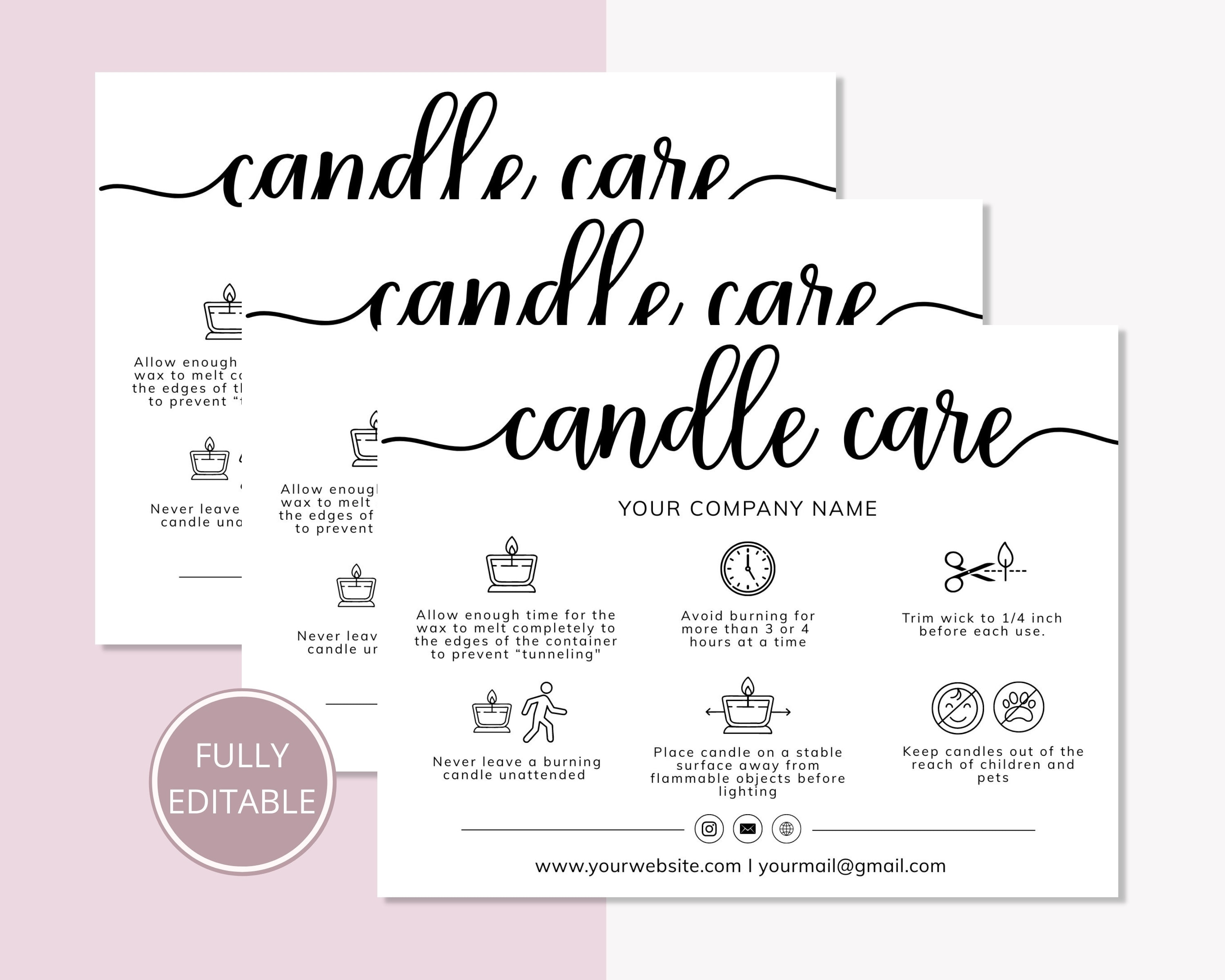 Candle Care Card Template Editable Candle Instructions Cards Etsy