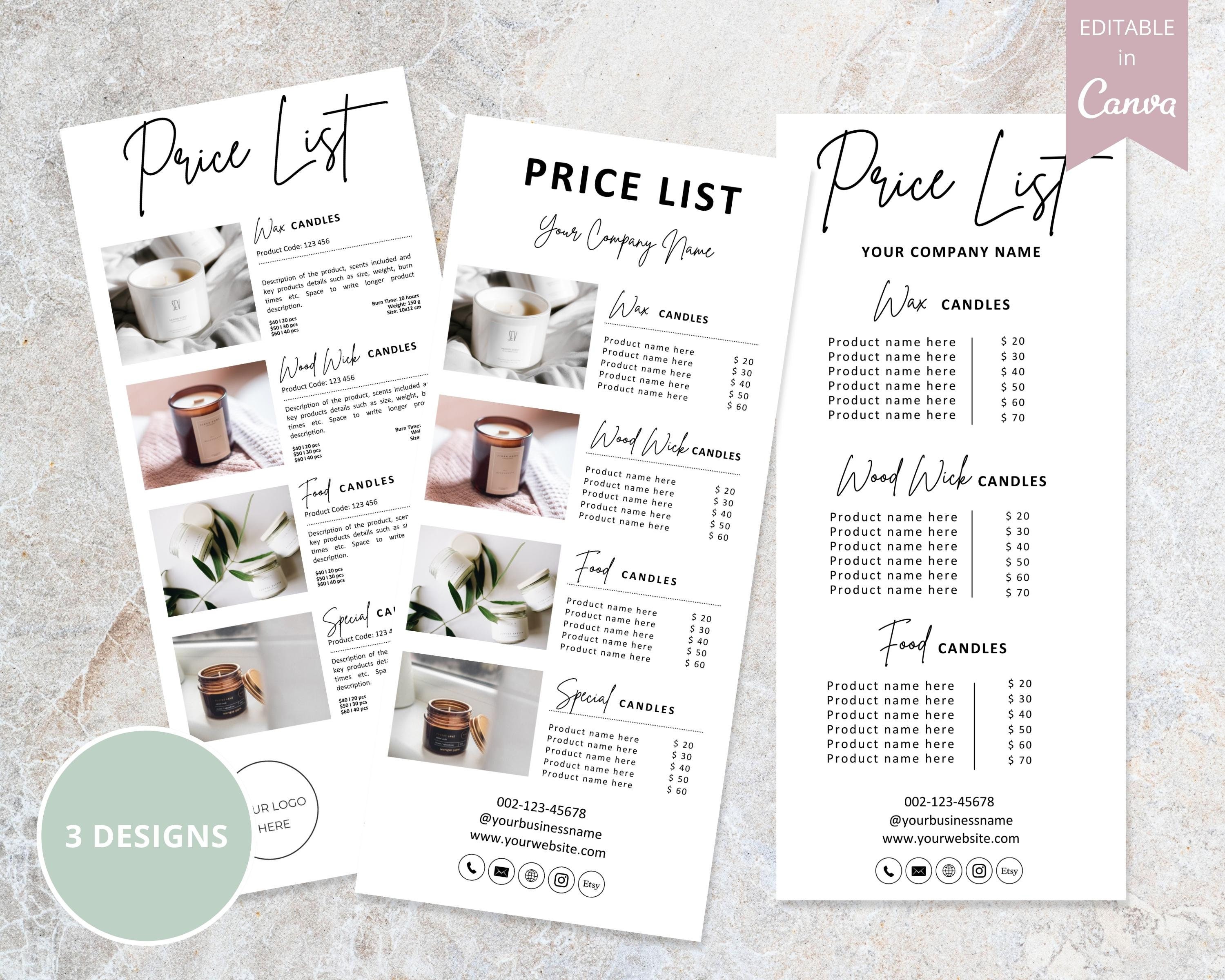 Candle Price List Template Canva Editable Bakery Price List Etsy UK