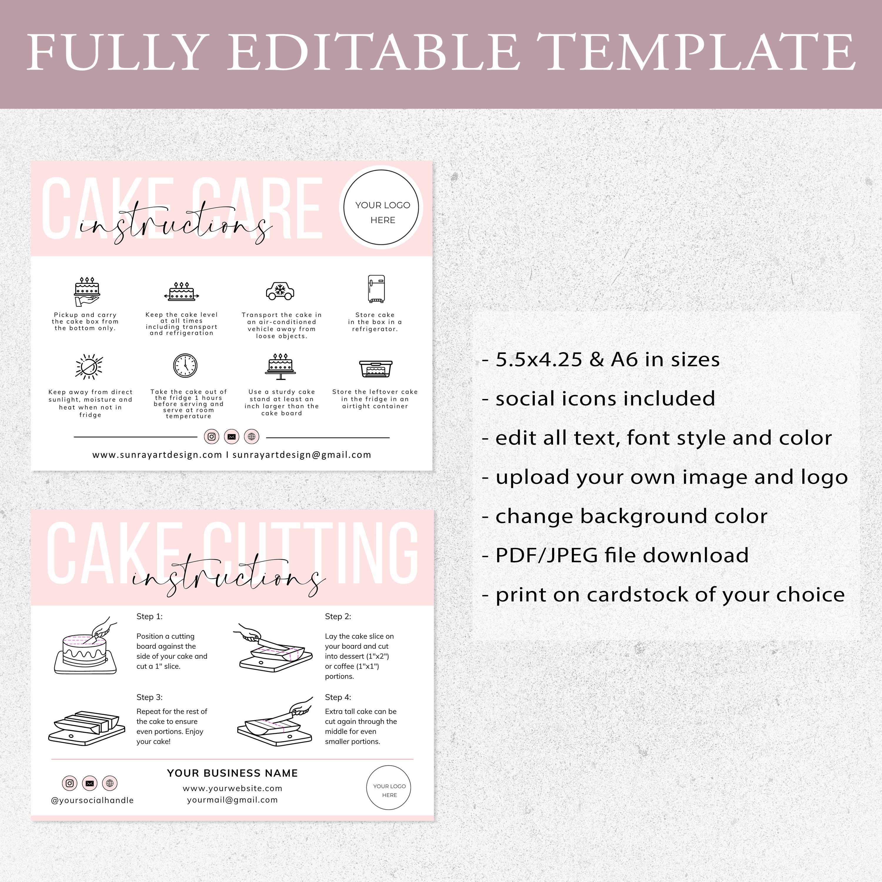 Cake Cutting Guide Set I Editable Canva Template I Cake Care Card, Care ...