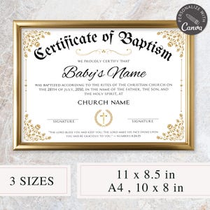 Plantilla de certificado de bautismo imprimible / Plantilla de bautismo editable en Canva / Certificado de bautismo de bebé para la iglesia