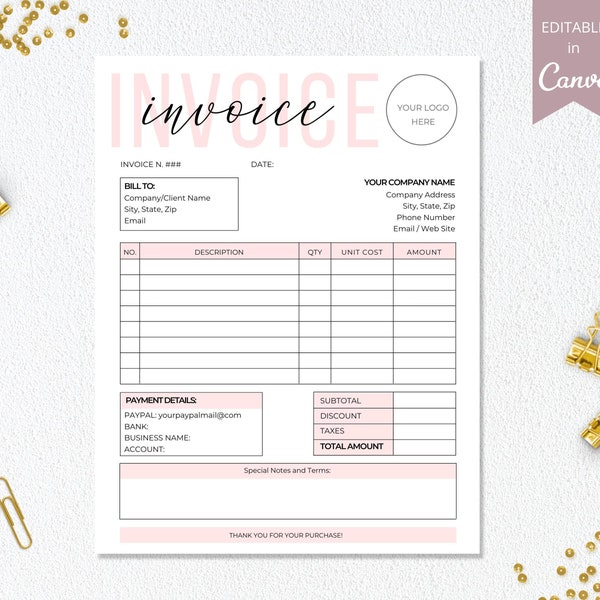 Invoice Template Editable, Small Business  Custom Order Form Printable, Invoice Form, Modern Invoice, Instant Download. DTP-001