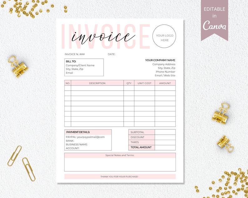 Op de afbeelding: Bewerkbare factuurtemplate met roze accenten. De template bevat secties voor factuurgegevens, een gedetailleerde lijst, betalingsgegevens en totalen. De tekst "factuur" is geschreven in een groot, gestileerd lettertype.