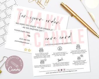 May include: Two white cards with pink text and graphics. One card says "Thank you for your order" and includes contact information. The other card is a candle care guide with instructions and illustrations. A gold pen and paperclips are in the background.