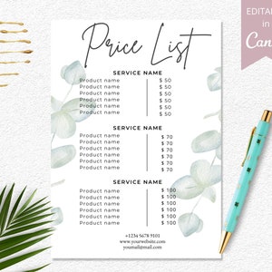 May include: A white price list with a black handwritten title "Price List" and a green watercolour floral design. The list is divided into three sections: Service Name, Product Name, and Price. The prices are listed in pounds sterling.