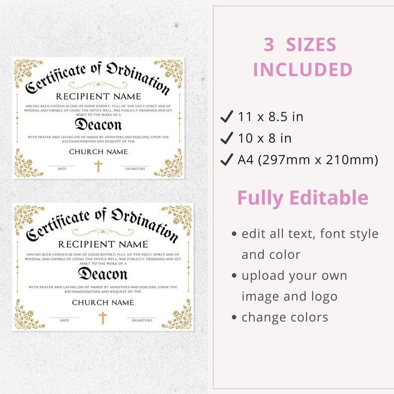 ministry certificate, minister certificate, religious printables, deacon certificate, canva template, certificate, license certificate, church membership, church templates, church form template, pastor certificate, minister form, of ordination