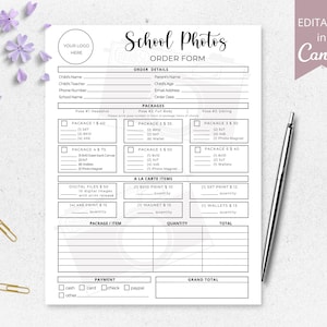 School Photography Preschool Photos Order Form, Printable Photography Order Forms, Photo Invoice, 100% Editable Template. DTP-004