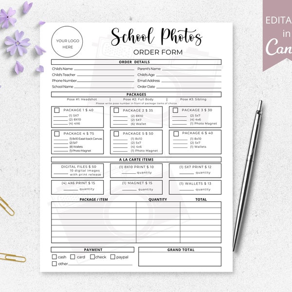 Formulario de pedido de fotografías escolares, formularios de pedido de fotografías para preescolar, facturas de fotografías, plantilla 100 % editable. DTP-004