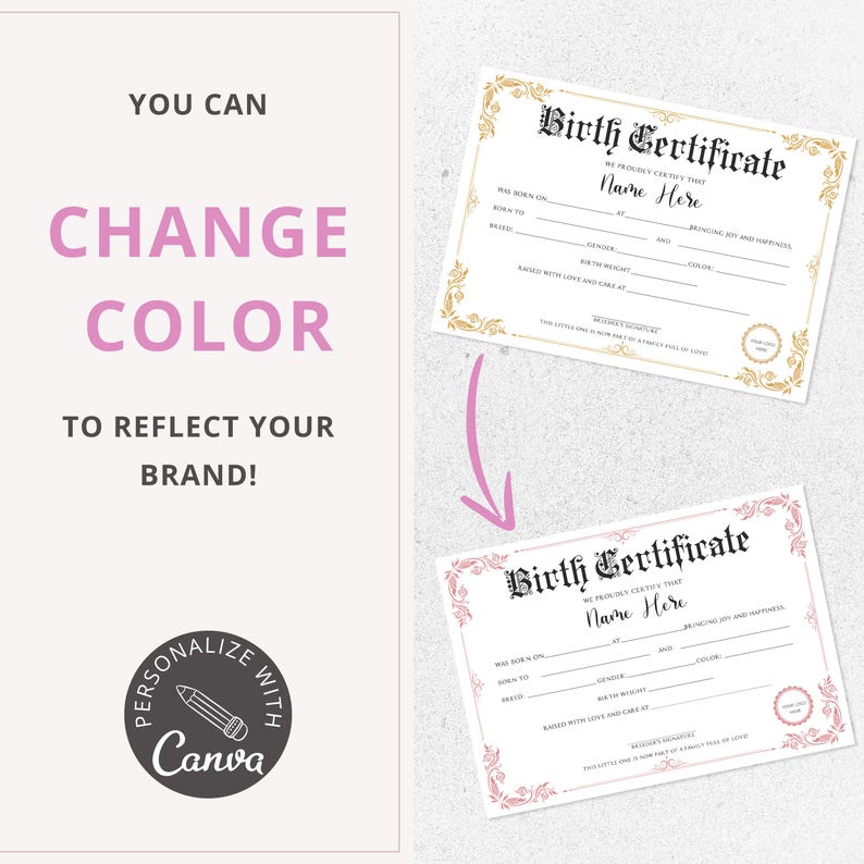 editable canva template, pupy birth certificate, dog birthday, 	
cat certificate, pet adoption