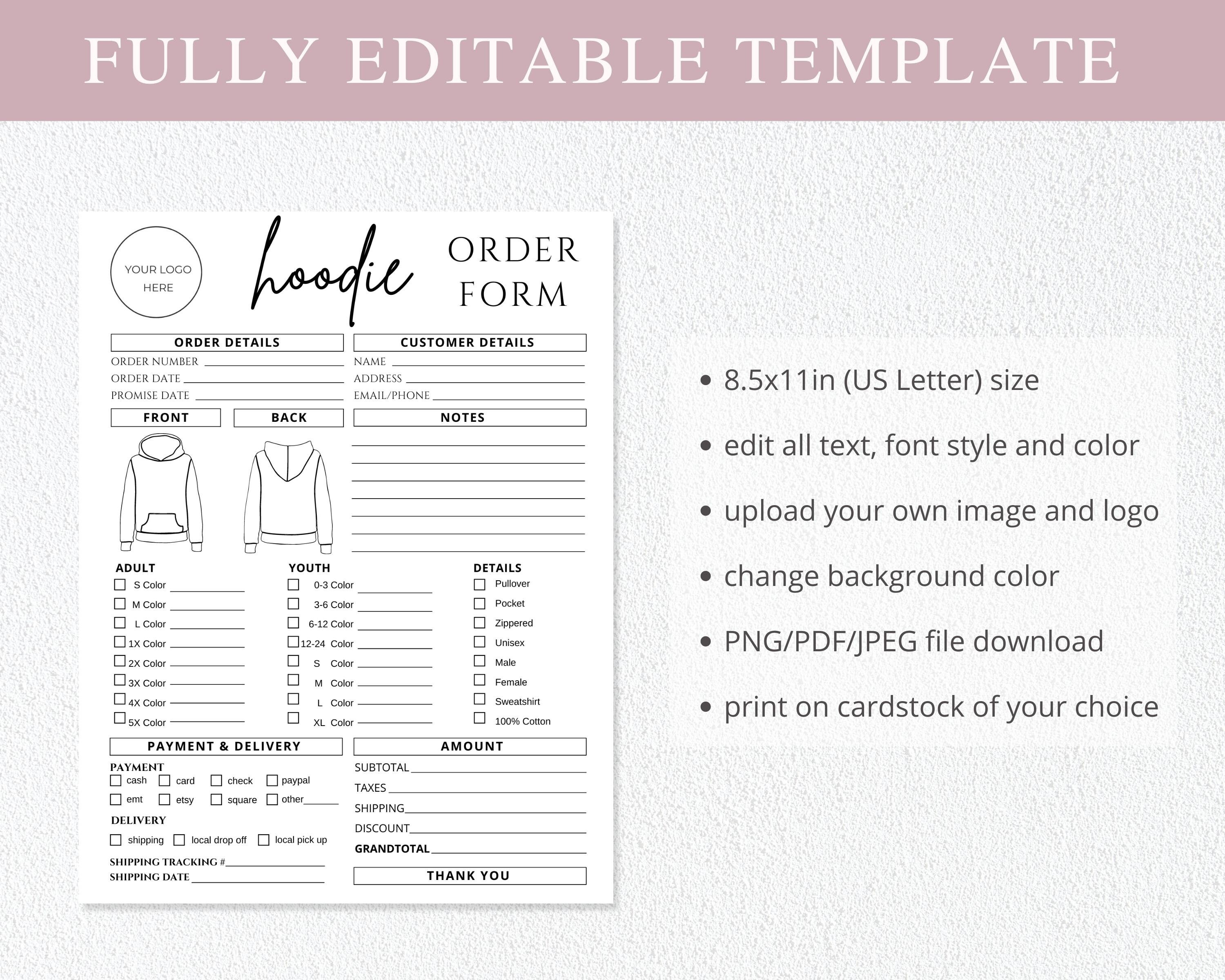 Hoodie Order Form Template I Editable Canva Invoice Template I T-shirt ...